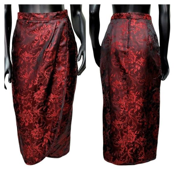 Vintage Oriental Silk Floral Embroidered Faux Wrap High Waisted Wiggle Skirt - Picture 1 of 7